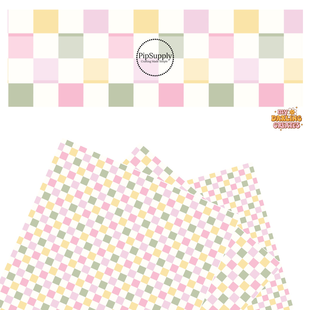 These St. Patrick's pattern themed faux leather sheets contain the following design elements: pink, yellow, and green checker pattern. Our CPSIA compliant faux leather sheets or rolls can be used for all types of crafting projects.