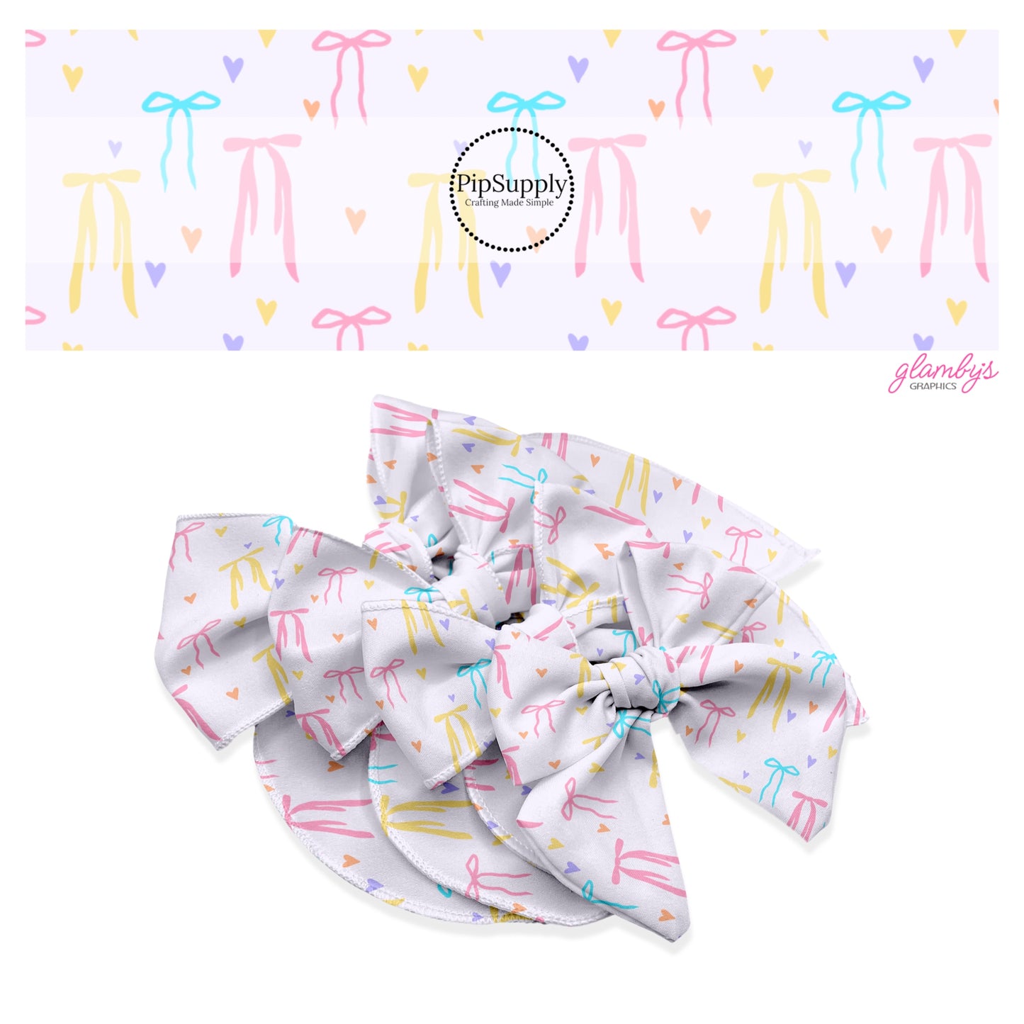 These Valentine's pattern no sew bow strips can be easily tied and attached to a clip for a finished hair bow. These Valentine's Day bow strips are great for personal use or to sell. The bow strips feature pink, blue, purple, and yellow hearts and bows on light pink.