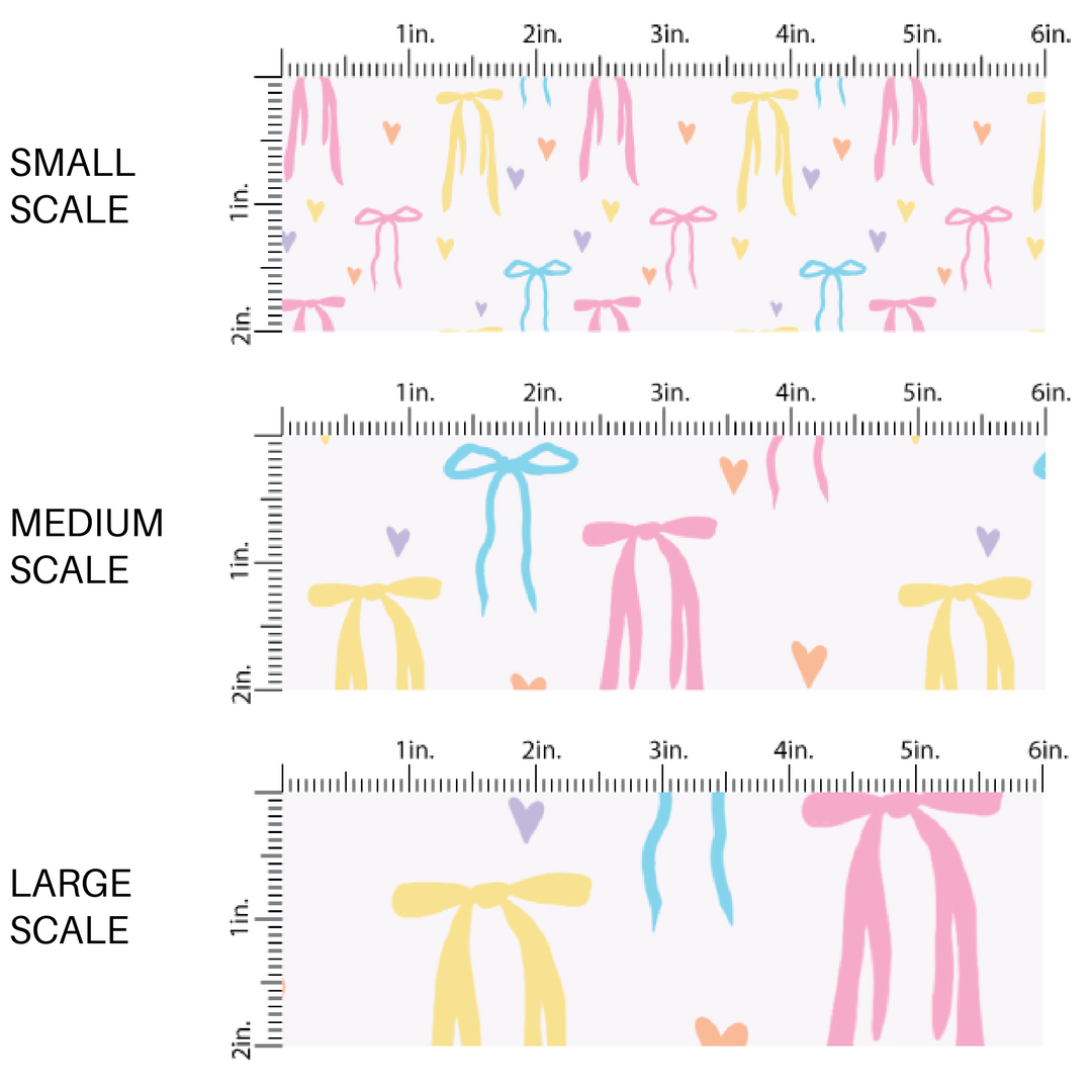 Multi-Colored Pastel Bows and Hearts on Pink Fabric by the Yard scaled image guide.