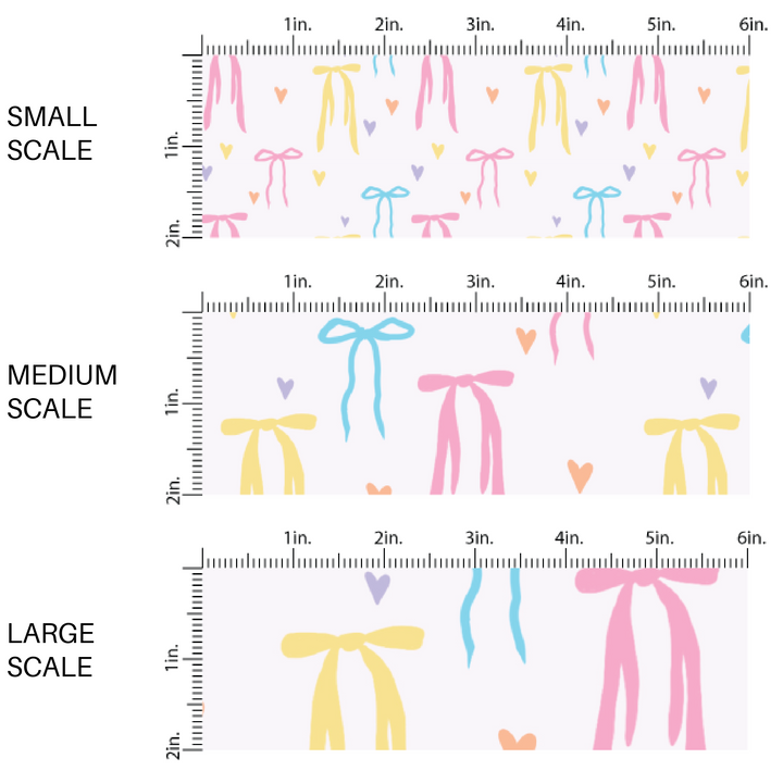 Multi-Colored Pastel Bows and Hearts on Pink Fabric by the Yard scaled image guide.