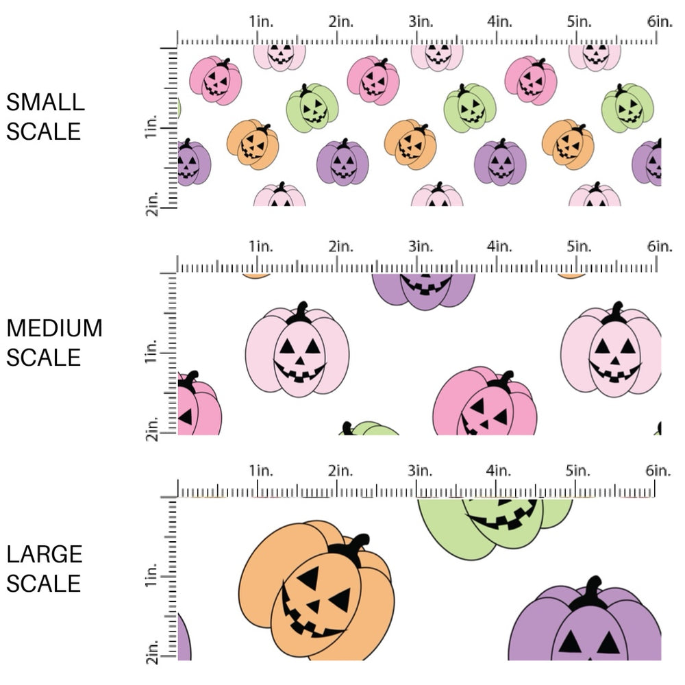 This scale chart of small scale, medium scale, and large scale of these Halloween themed pattern fabric by the yard features the following design elements: colorful pastel pumpkins on white. This fun spooky themed fabric can be used for all your sewing and crafting needs!