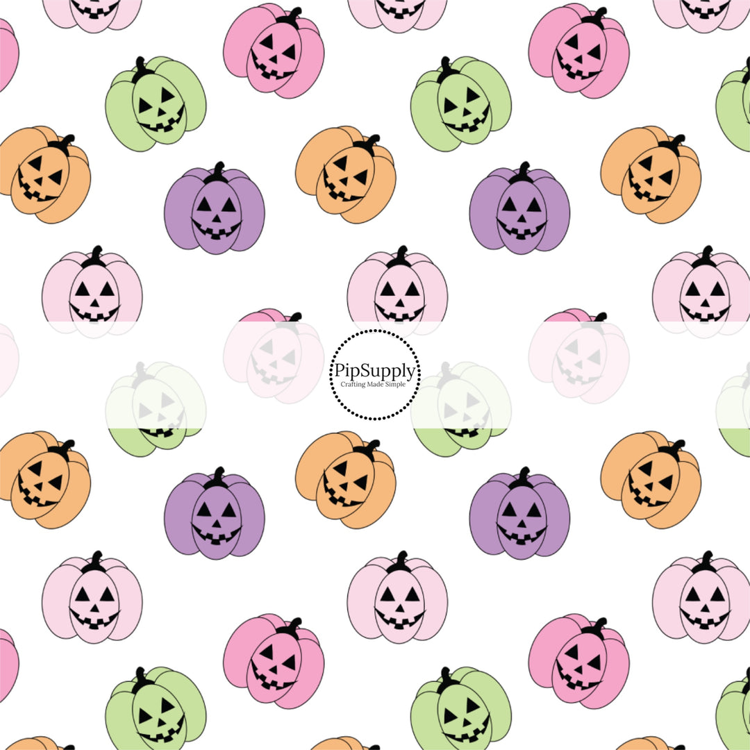 These Halloween themed pattern fabric by the yard features the following design elements: colorful pastel pumpkins on white. This fun spooky themed fabric can be used for all your sewing and crafting needs!