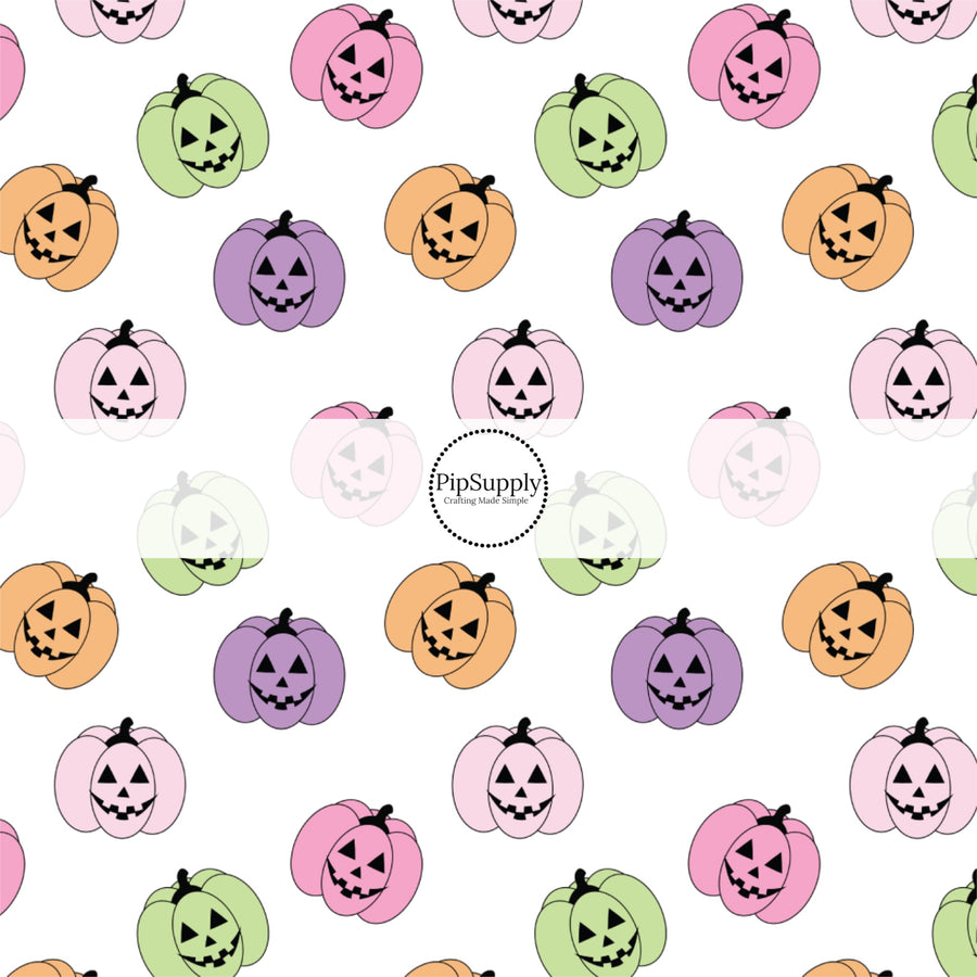 These Halloween themed pattern fabric by the yard features the following design elements: colorful pastel pumpkins on white. This fun spooky themed fabric can be used for all your sewing and crafting needs!