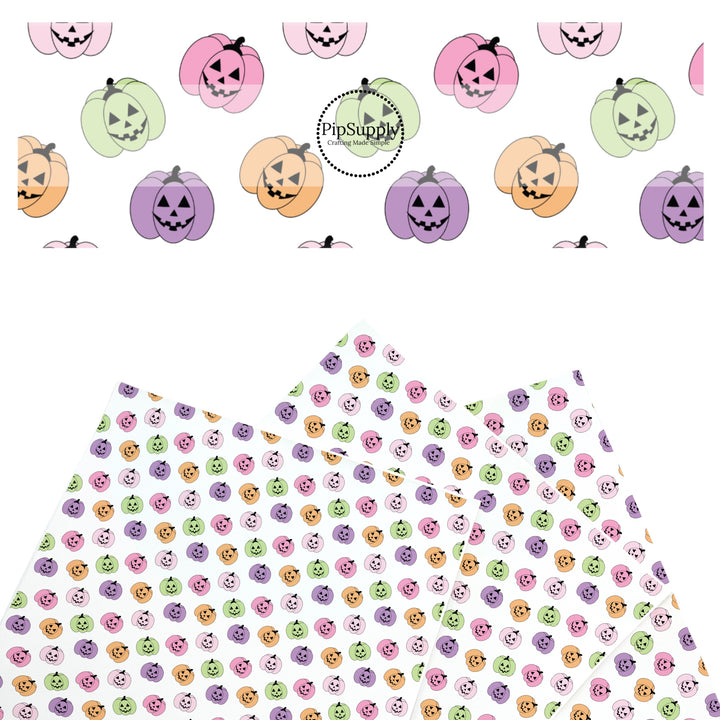 These Halloween themed pattern faux leather sheets contain the following design elements: colorful pastel pumpkins on white. Our CPSIA compliant faux leather sheets or rolls can be used for all types of crafting projects.