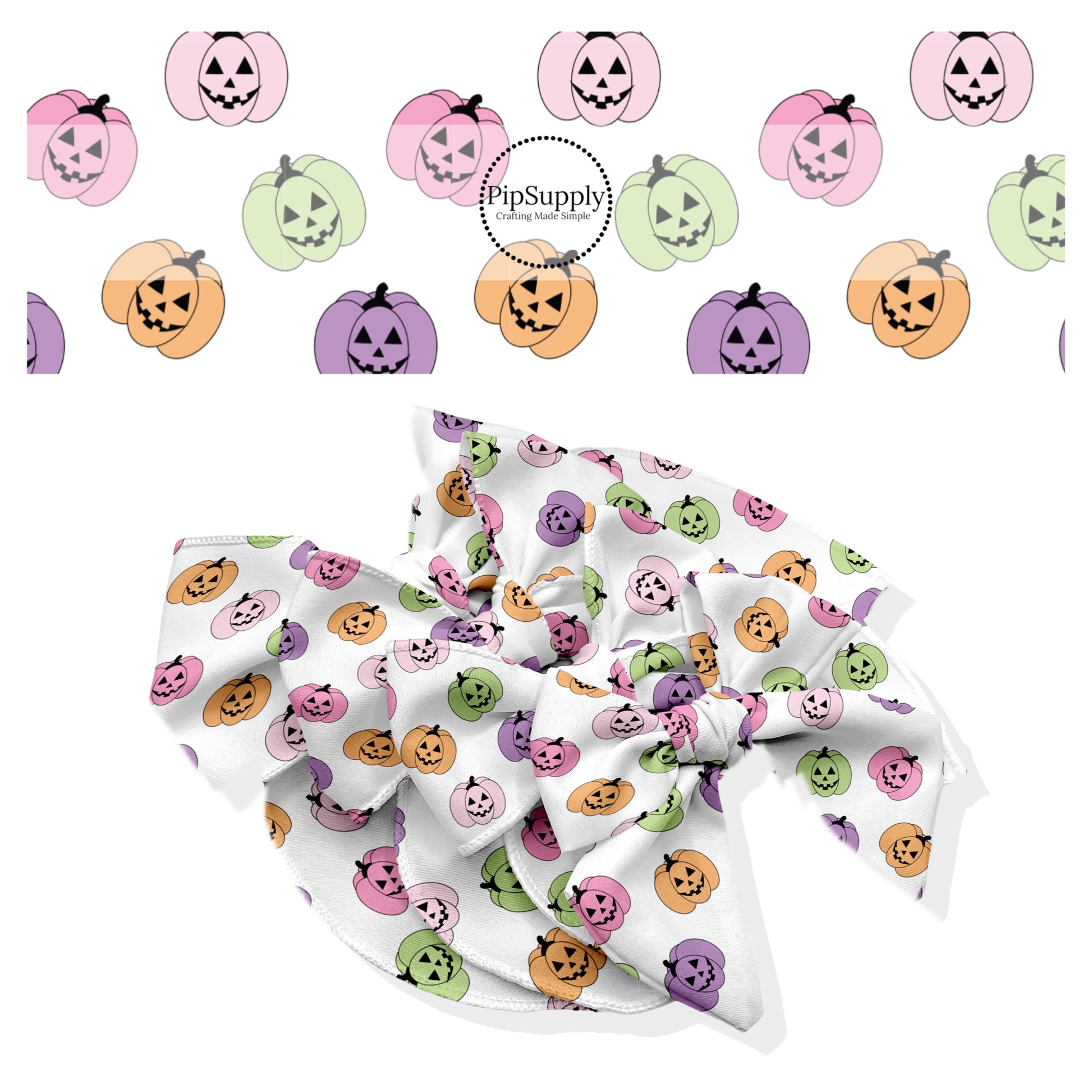 These Halloween themed no sew bow strips can be easily tied and attached to a clip for a finished hair bow. These fun spooky patterned bow strips are great for personal use or to sell. These bow strips feature the following design elements: colorful pastel pumpkins on white.