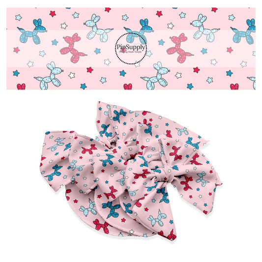 These 4th of July themed no sew bow strips can be easily tied and attached to a clip for a finished hair bow. These patterned bow strips are great for personal use or to sell. These bow strips feature balloon animals and tiny patriotic stars on light pink.