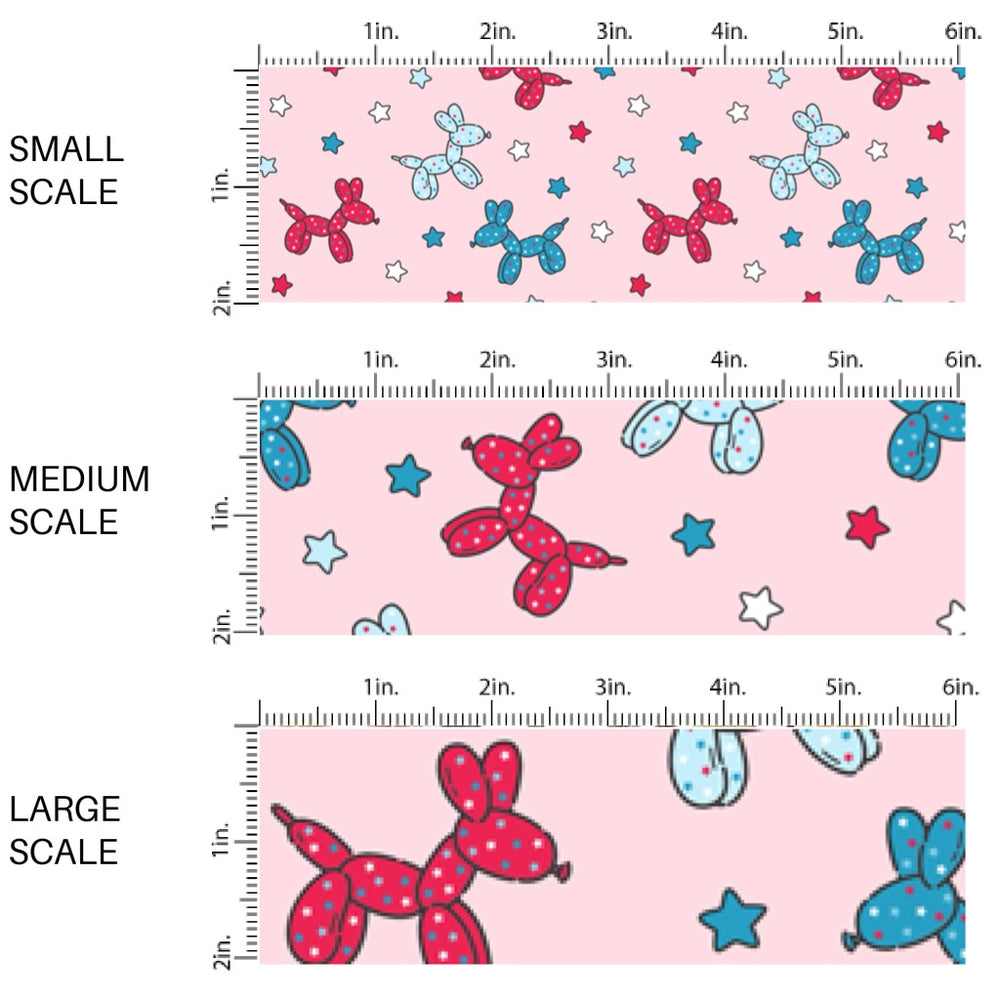 This scale chart of small scale, medium scale, and large scale of this 4th of July fabric by the yard features balloon animals and tiny patriotic stars on light pink. This fun patriotic themed fabric can be used for all your sewing and crafting needs!