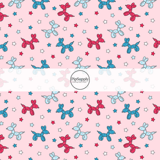 This 4th of July fabric by the yard features balloon animals and tiny patriotic stars on light pink. This fun patriotic themed fabric can be used for all your sewing and crafting needs!