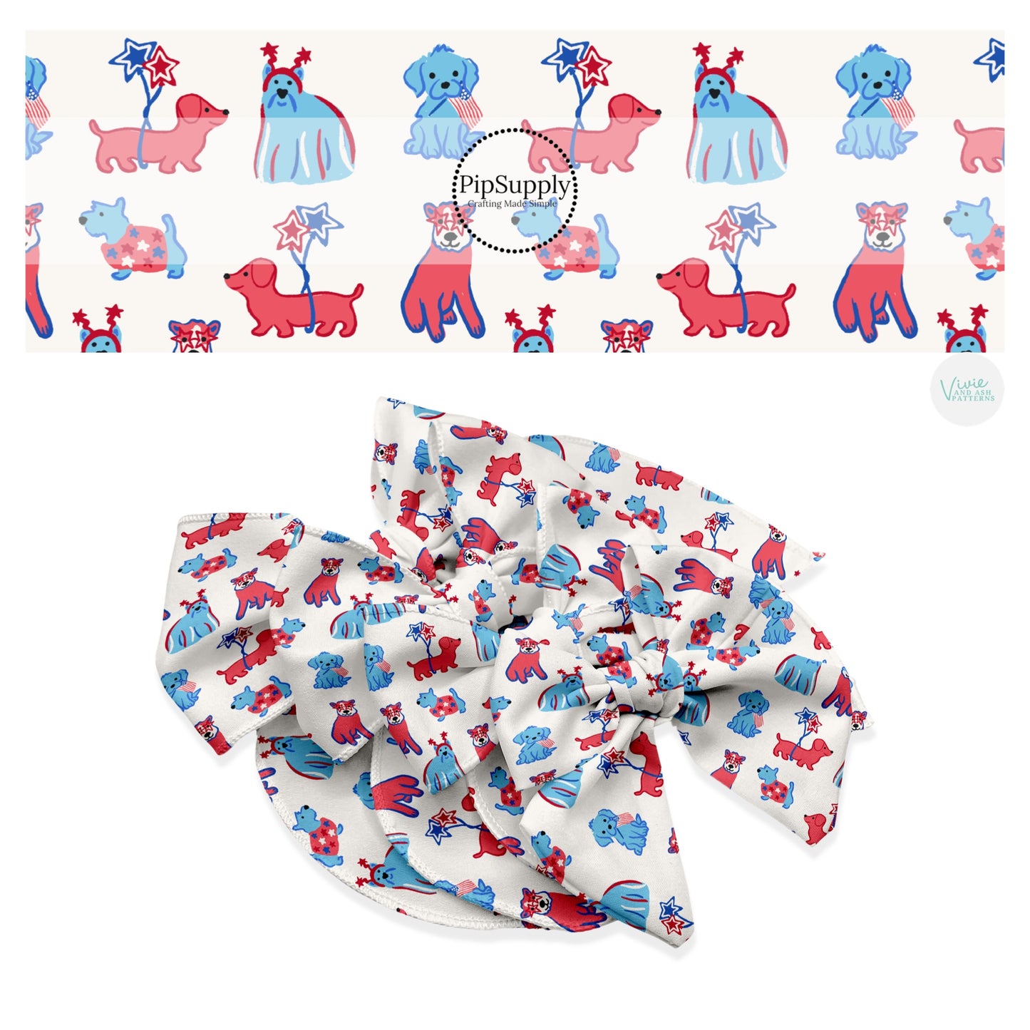 These 4th of July themed no sew bow strips can be easily tied and attached to a clip for a finished hair bow. These patterned bow strips are great for personal use or to sell. These bow strips features patriotic dogs on cream.