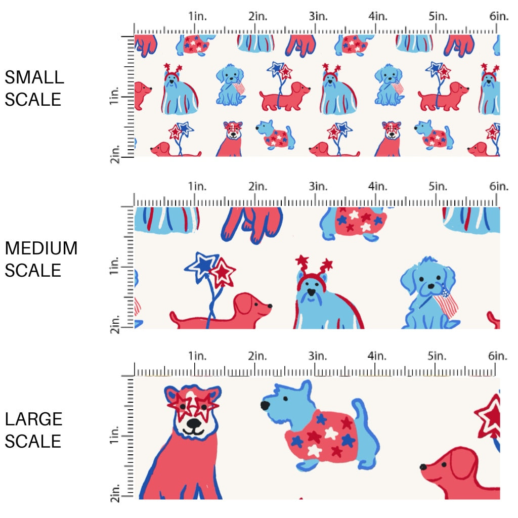 This scale chart of small scale, medium scale, and large scale of this 4th of July fabric by the yard features patriotic dogs on cream. This fun patriotic themed fabric can be used for all your sewing and crafting needs!