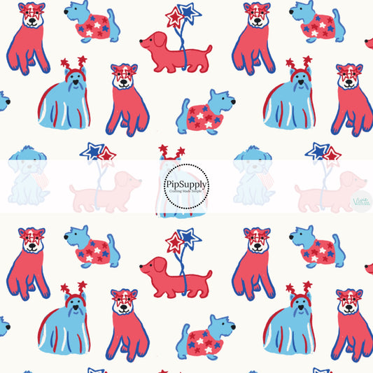 This 4th of July fabric by the yard features patriotic dogs on cream. This fun patriotic themed fabric can be used for all your sewing and crafting needs!