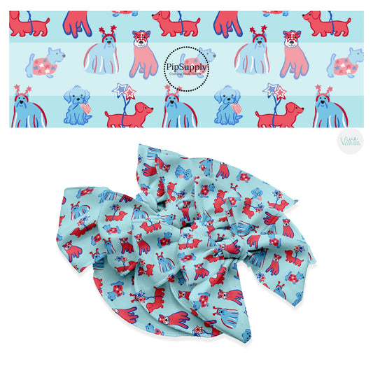 These 4th of July themed no sew bow strips can be easily tied and attached to a clip for a finished hair bow. These patterned bow strips are great for personal use or to sell. These bow strips features patriotic dogs on blue.