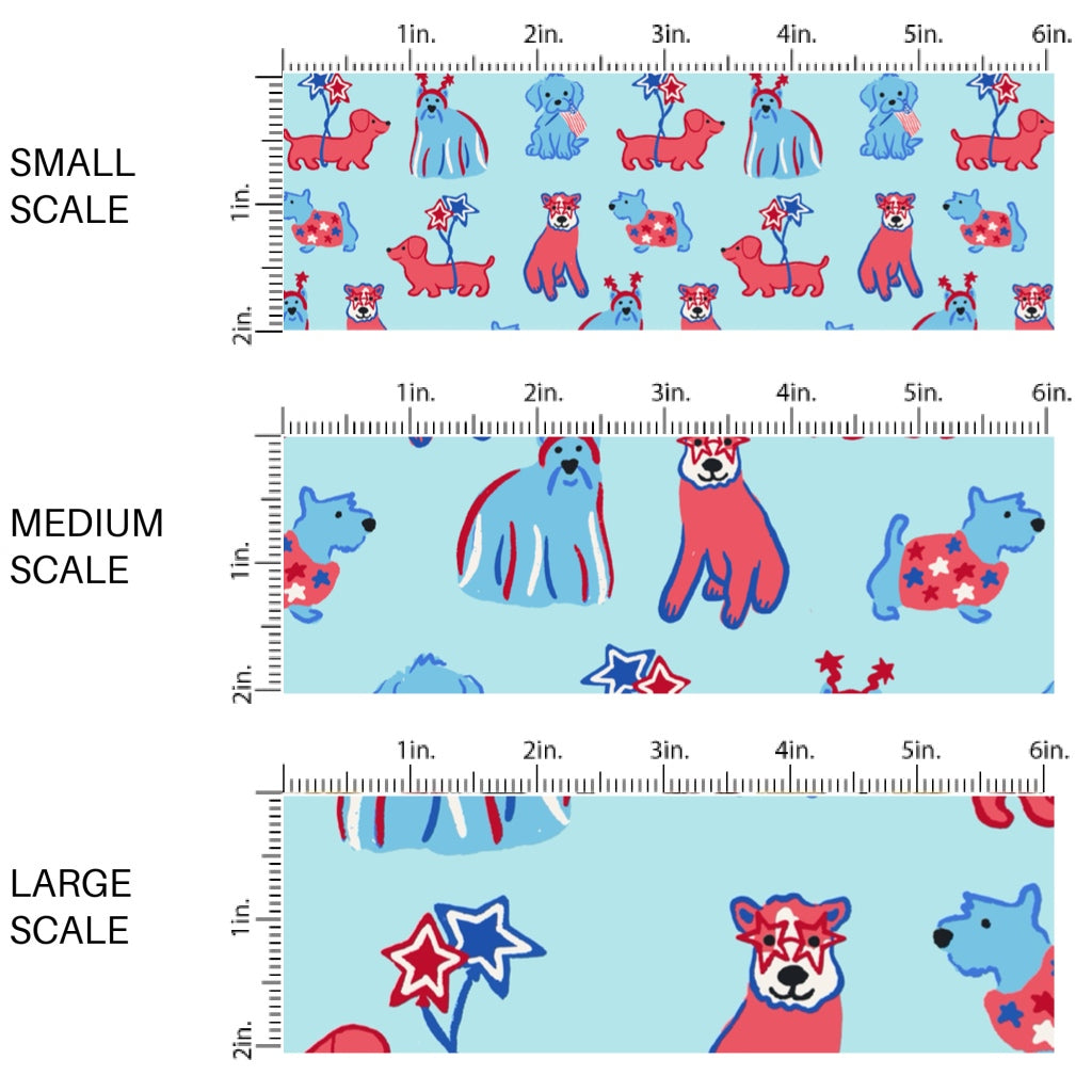 This scale chart of small scale, medium scale, and large scale of this 4th of July fabric by the yard features patriotic dogs on blue. This fun patriotic themed fabric can be used for all your sewing and crafting needs!