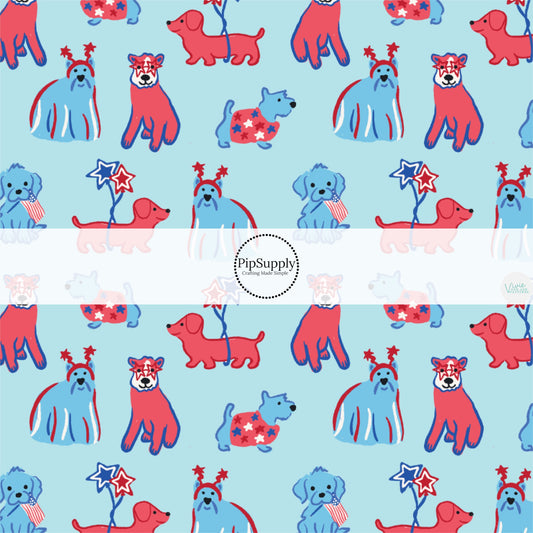 This 4th of July fabric by the yard features patriotic dogs on blue. This fun patriotic themed fabric can be used for all your sewing and crafting needs!