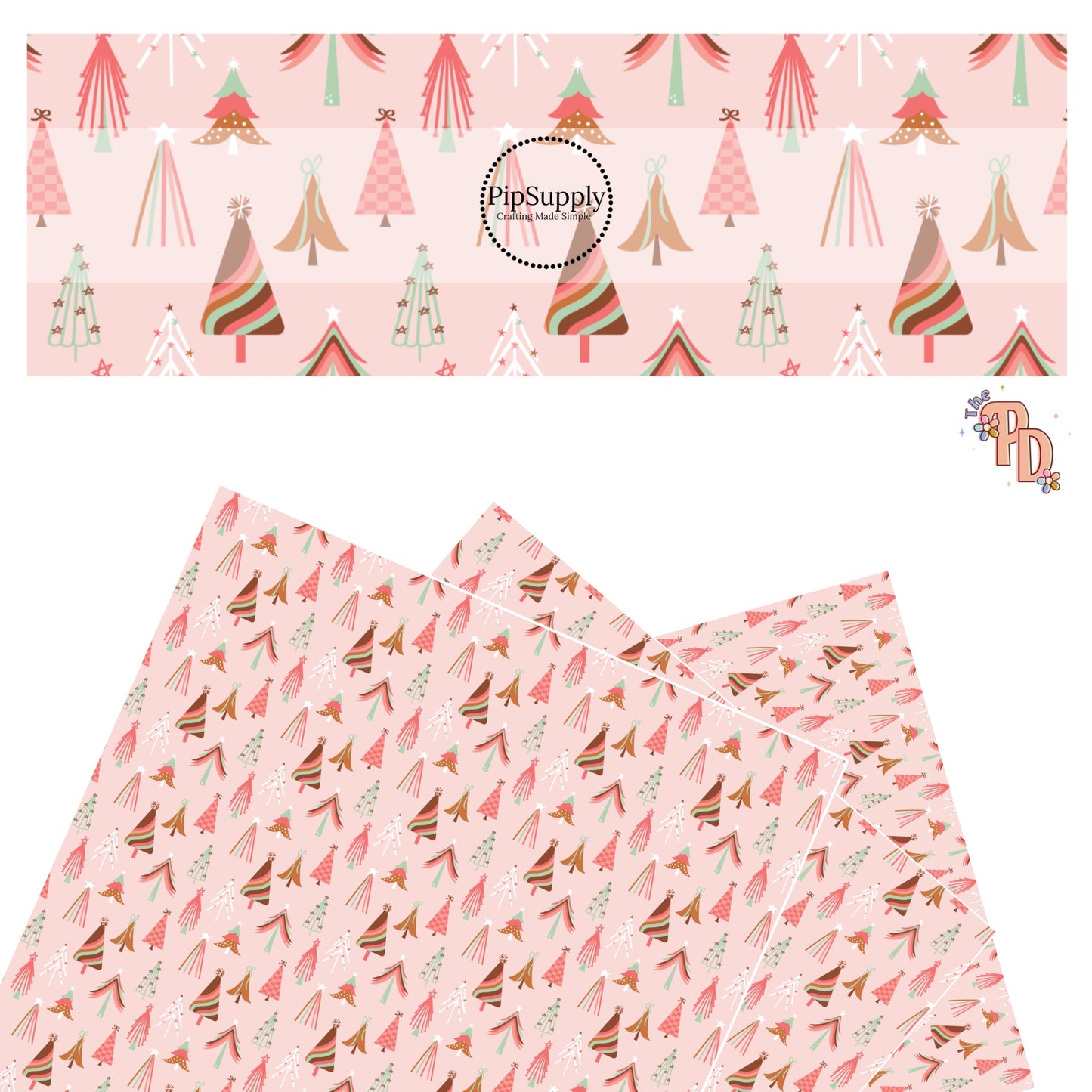 Patterned christmas trees pink and green on pink faux leather sheets
