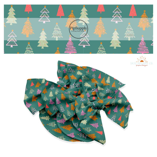 Coral, green, orange, and pink lined christmas trees on green hair bow strips