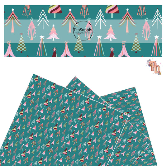Pink, green, white, and peach christmas trees on turquoise faux leather sheet