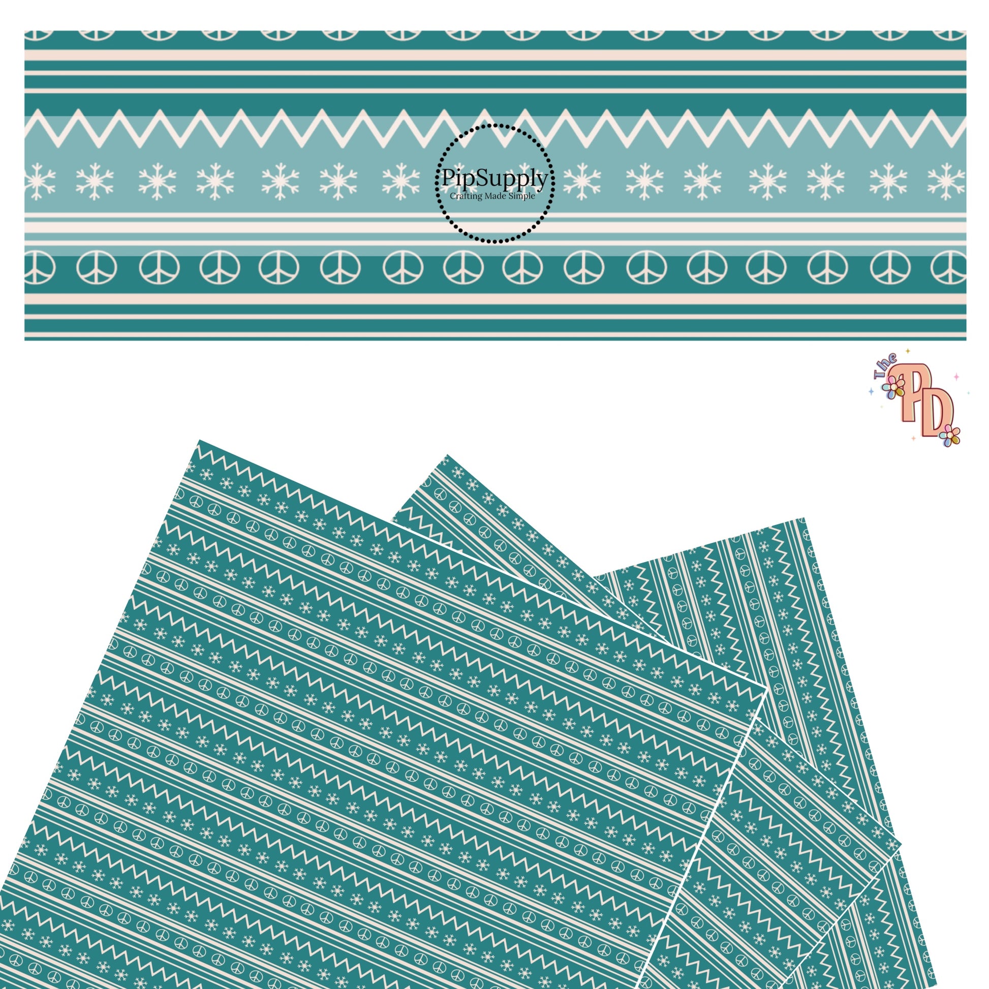 Snowflakes, peace signs, and white lines on turquoise faux leather sheet
