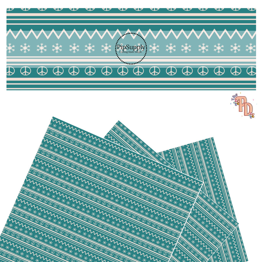 Snowflakes, peace signs, and white lines on turquoise faux leather sheet