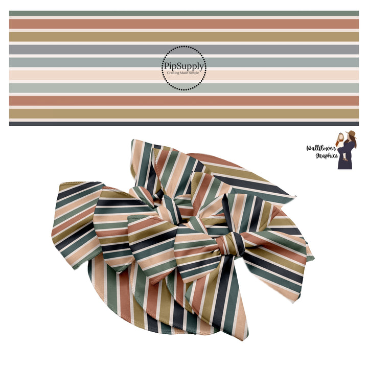 Dark blue, blush, green, and cream stripes hair bow strips