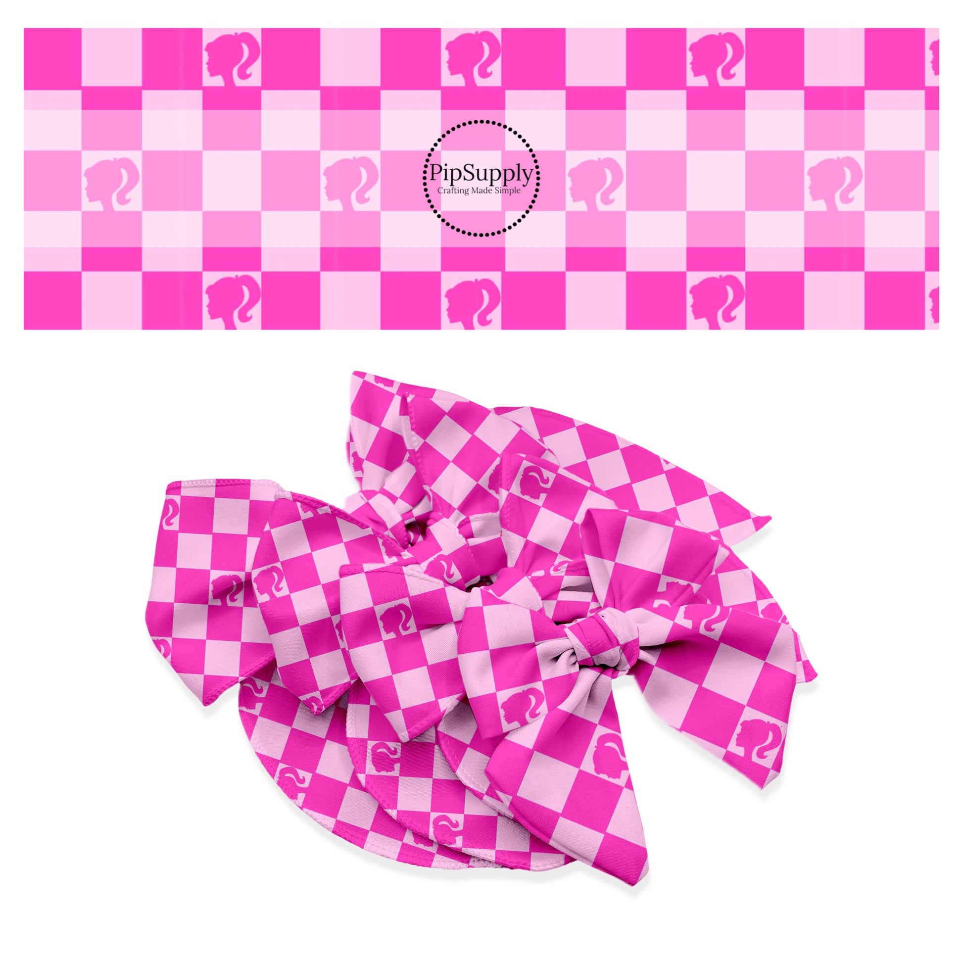 Pink girl silhouette on multi pink checkered bow strips