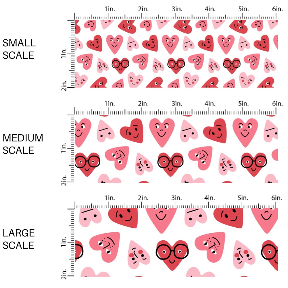 This holiday fabric by the yard features red and pink smiley hearts. This festive pattern fabric can be used for all your sewing and crafting needs!