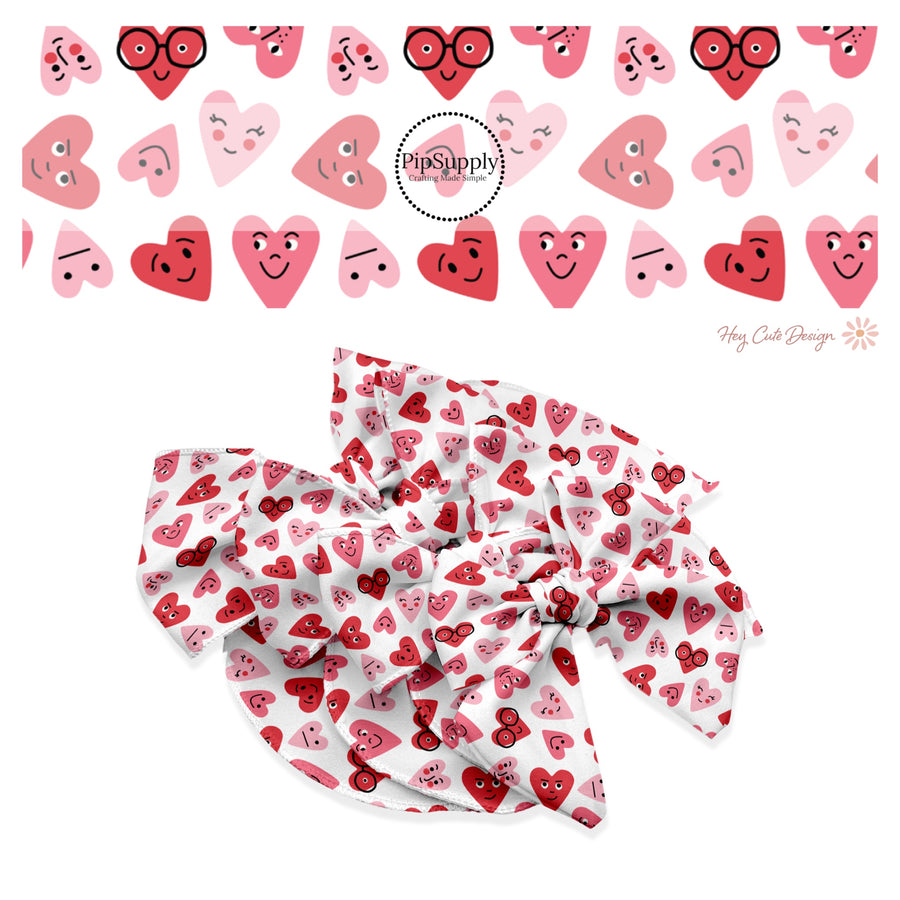 These holiday no sew bow strips can be easily tied and attached to a clip for a finished hair bow. These festive bow strips are great for personal use or to sell. These bow strips feature the following design elements: red and pink smiley hearts.