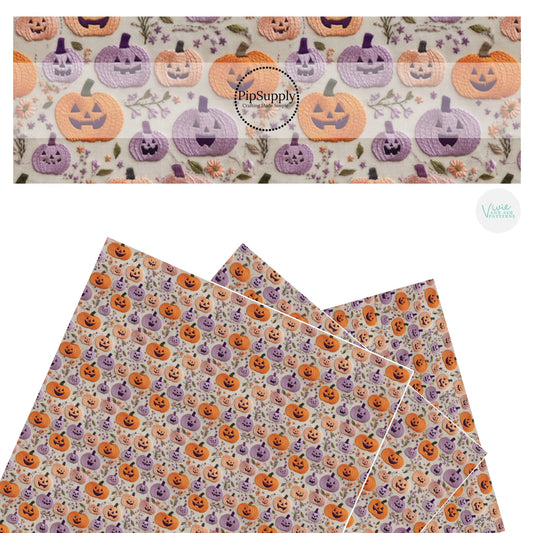 Spooky faces on orange and purple pumpkins on gray faux leather sheets
