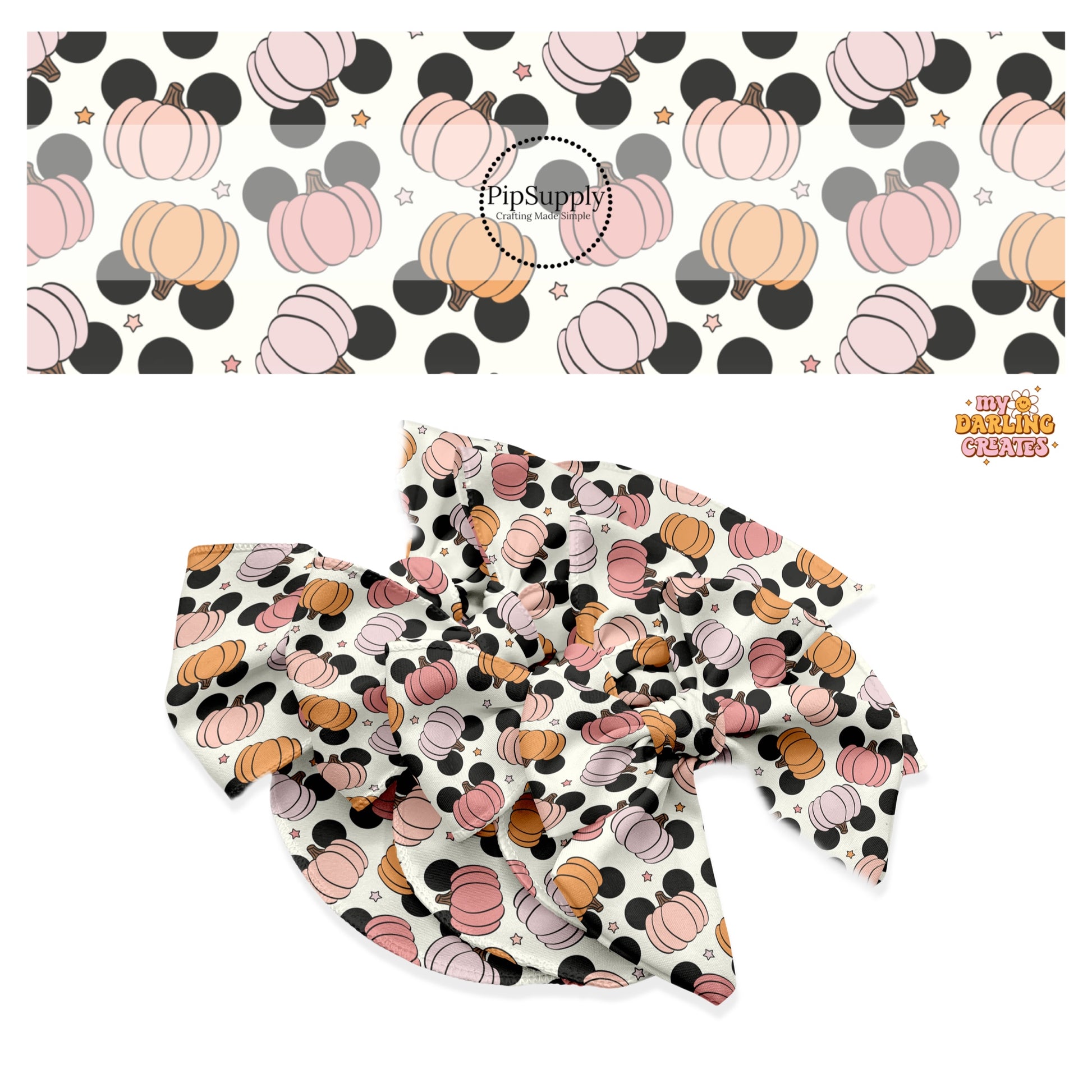 Black mouse ears on multi pumpkins and stars on cream hair bow strips