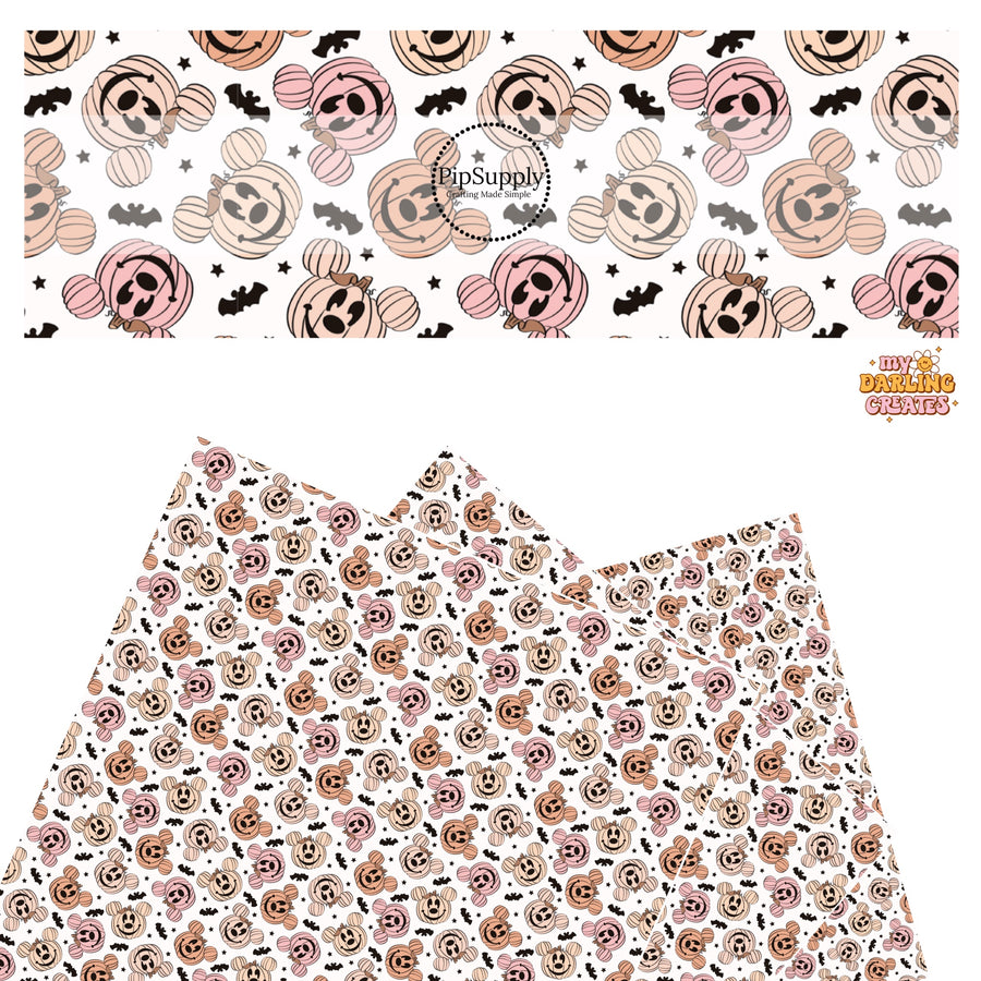 Multi pumpkins with mouse ears and happy faces with mouse bats and stars on white faux leather sheets