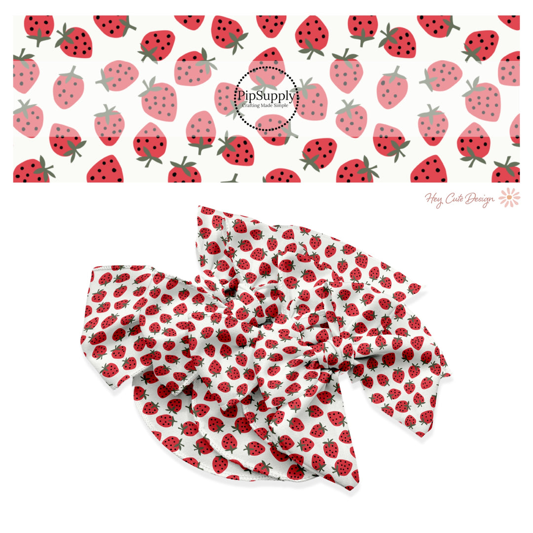 These holiday no sew bow strips can be easily tied and attached to a clip for a finished hair bow. These festive bow strips are great for personal use or to sell. These bow strips feature the following design elements: red strawberries.