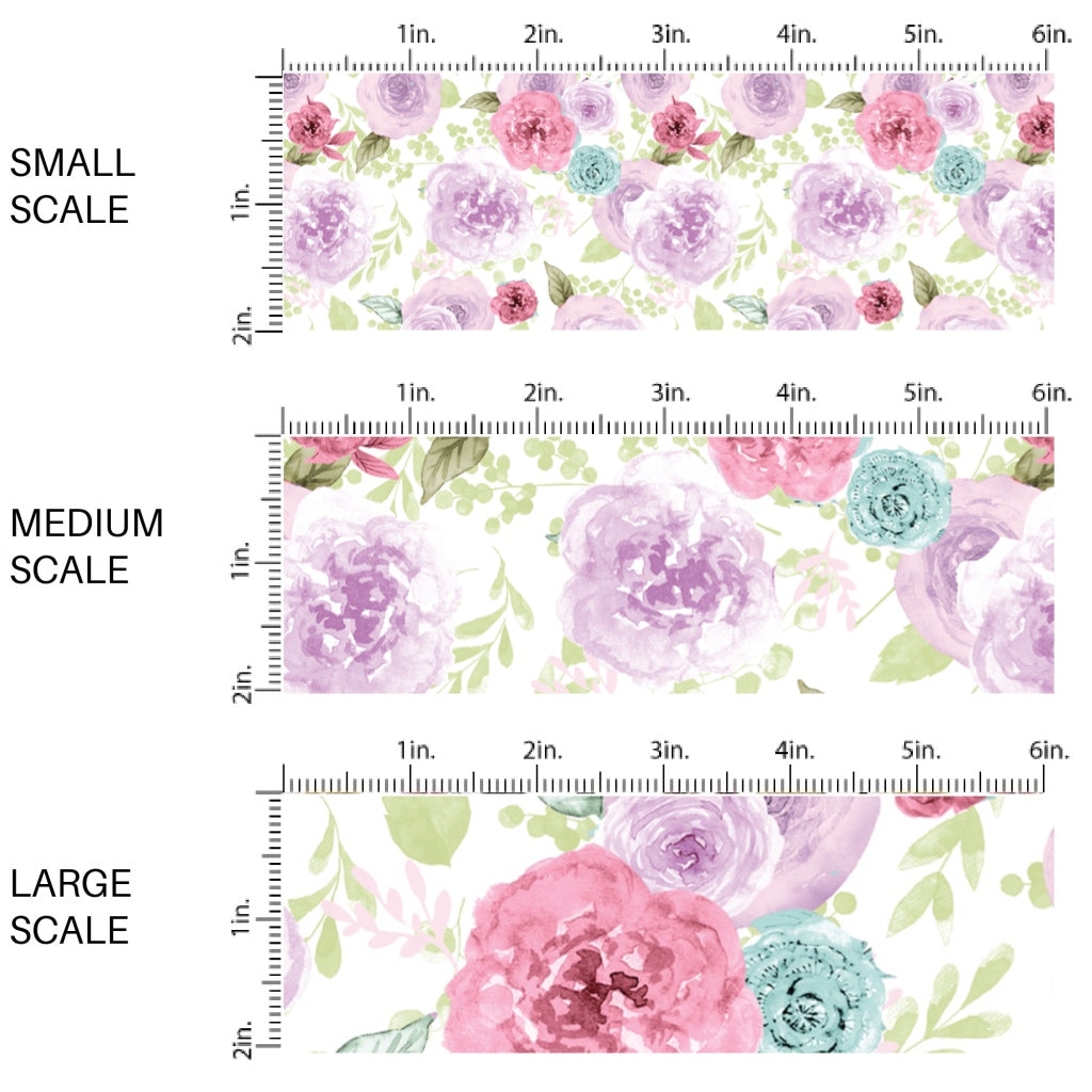 This scale chart of small scale, medium scale, and large scale of this summer fabric by the yard features multi colored roses on cream. This fun summer themed fabric can be used for all your sewing and crafting needs!