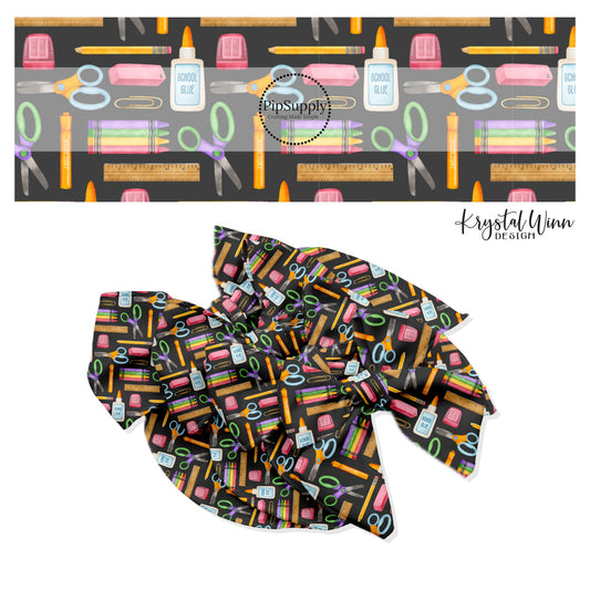 Colorful scattered multi supplies on black bow strips