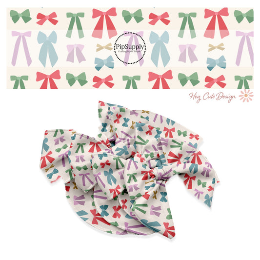 These Valentine's pattern no sew bow strips can be easily tied and attached to a clip for a finished hair bow. These Valentine's Day bow strips are great for personal use or to sell. The bow strips feature multi colored bows on cream.