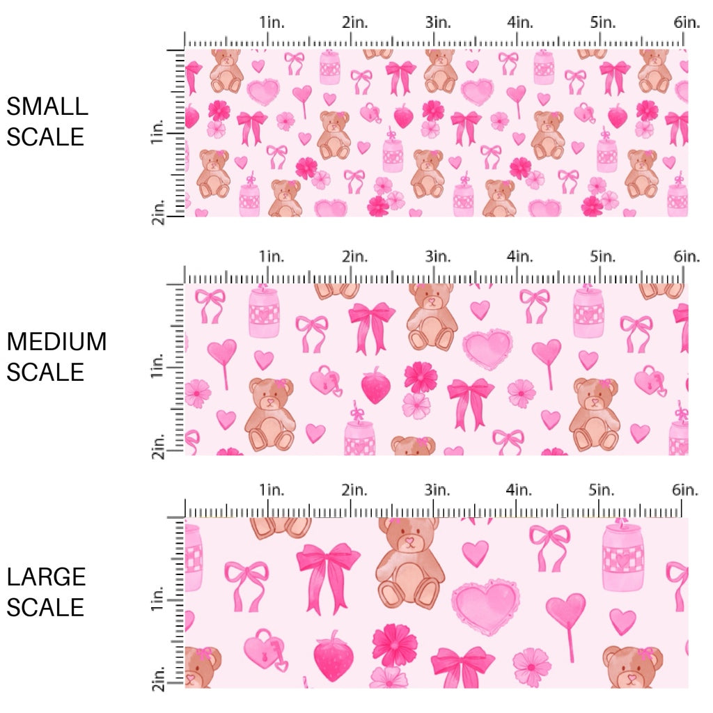 This holiday fabric by the yard features bears, hearts, bows, and flowers. This festive pattern fabric can be used for all your sewing and crafting needs!