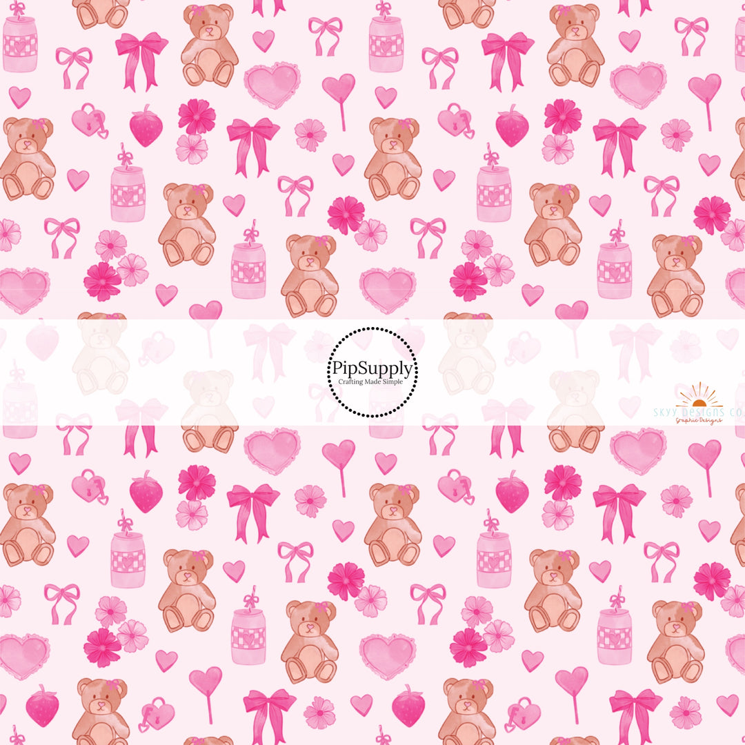 This holiday fabric by the yard features bears, hearts, bows, and flowers. This festive pattern fabric can be used for all your sewing and crafting needs!