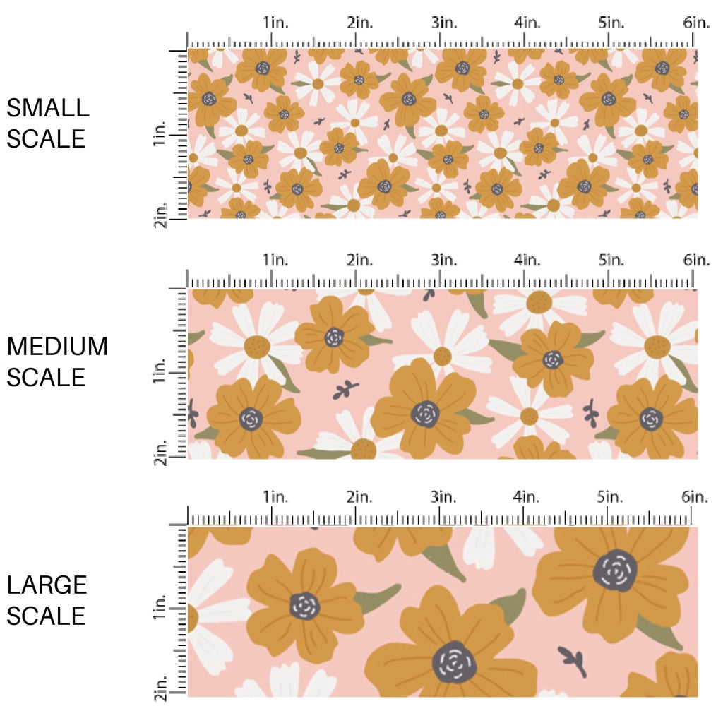This scale chart of small scale, medium scale, and large scale of this summer fabric by the yard features multi colored flowers on pink. This fun summer themed fabric can be used for all your sewing and crafting needs!