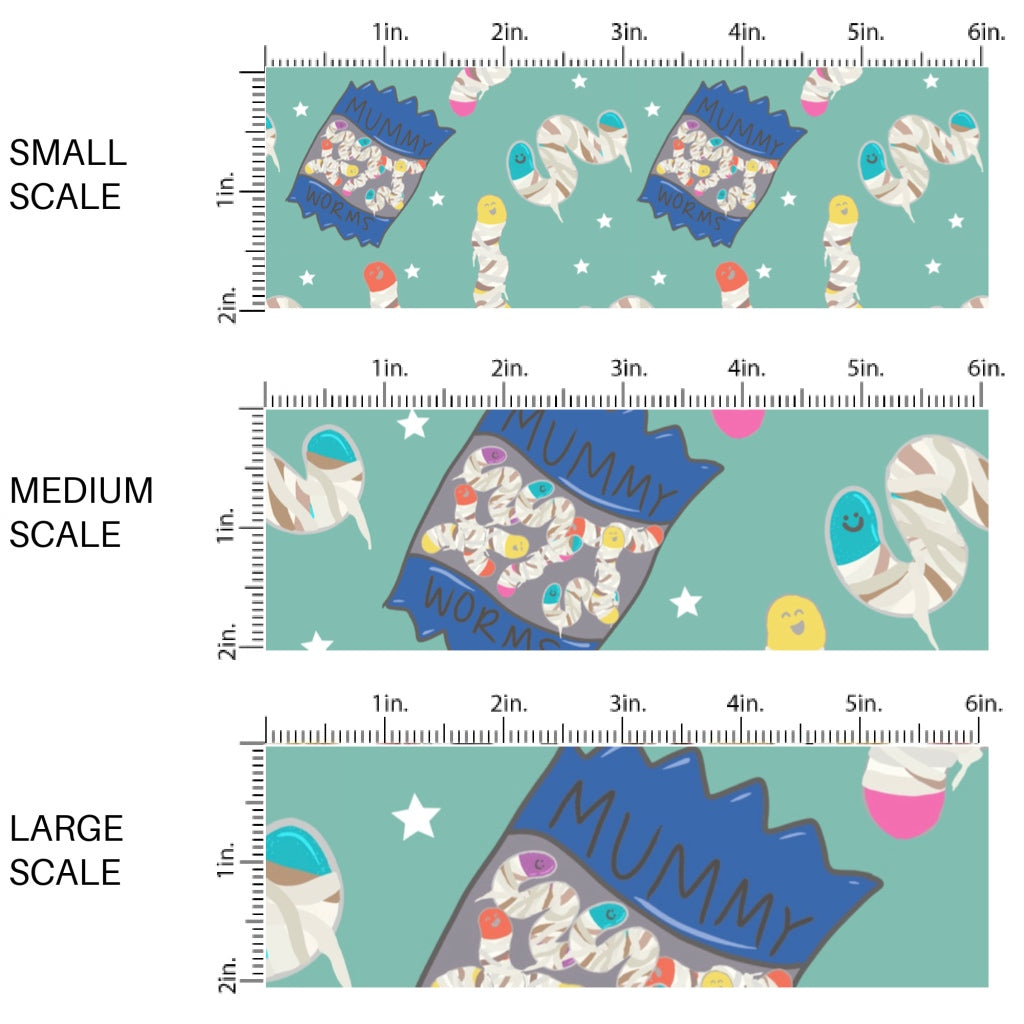 This scale chart of small scale, medium scale, and large scale of these Halloween themed pattern fabric by the yard features the following design elements: candy worms on blue. This fun spooky themed fabric can be used for all your sewing and crafting needs.