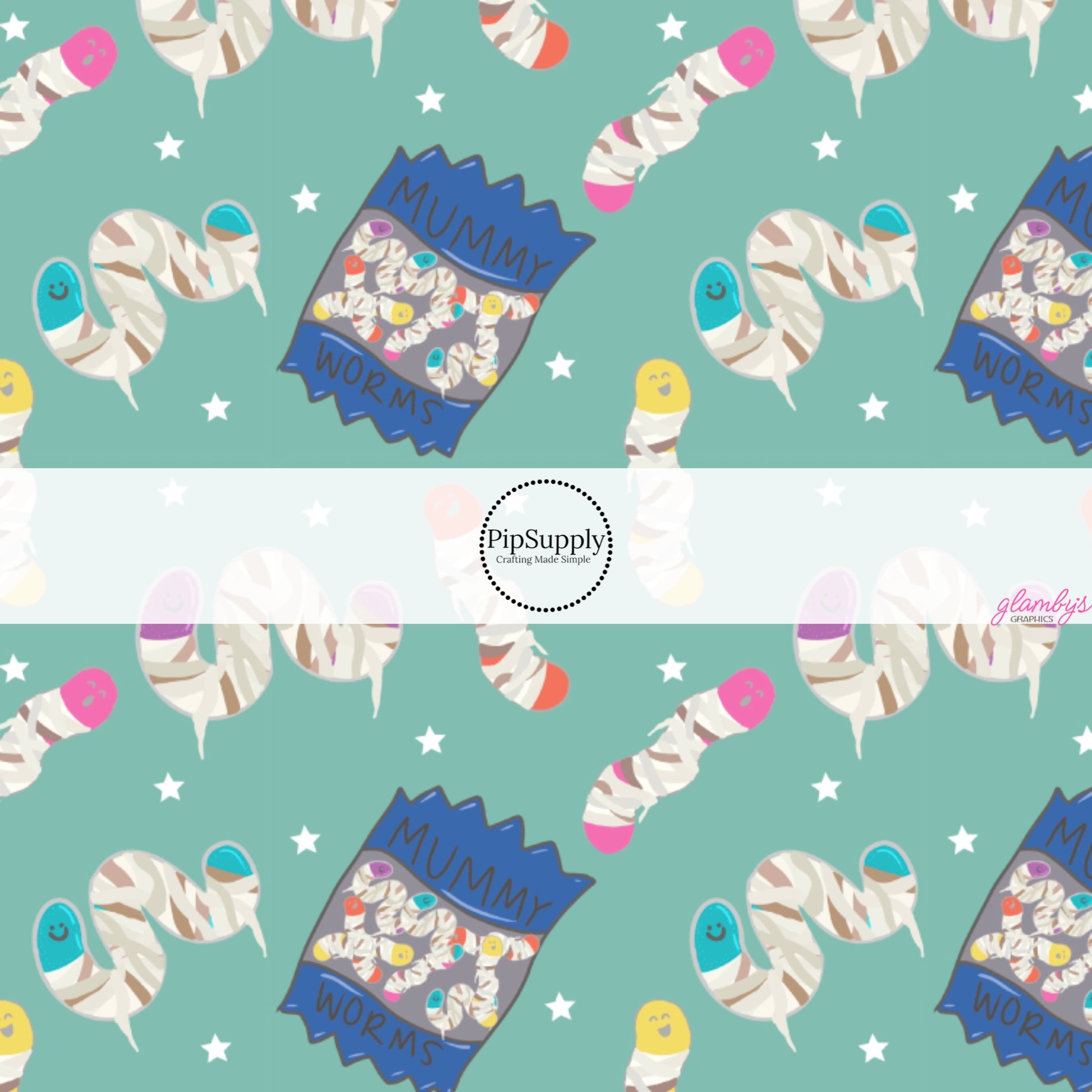 These Halloween themed pattern fabric by the yard features the following design elements: candy worms on blue. This fun spooky themed fabric can be used for all your sewing and crafting needs.