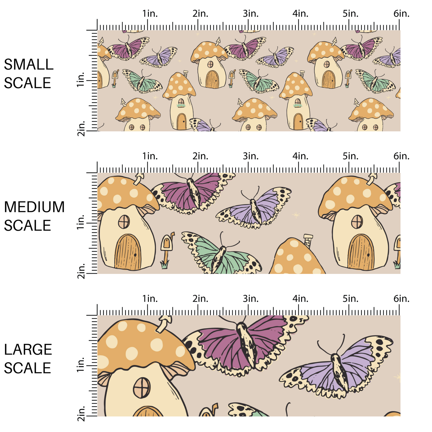 This scale chart of small scale, medium scale and large scale of these enchanted themed light cream fabric by the yard features mushroom homes and butterflies in lavender, mint, orange, pink, and cream. This fun summer themed fabric can be used for all your sewing and crafting needs! 