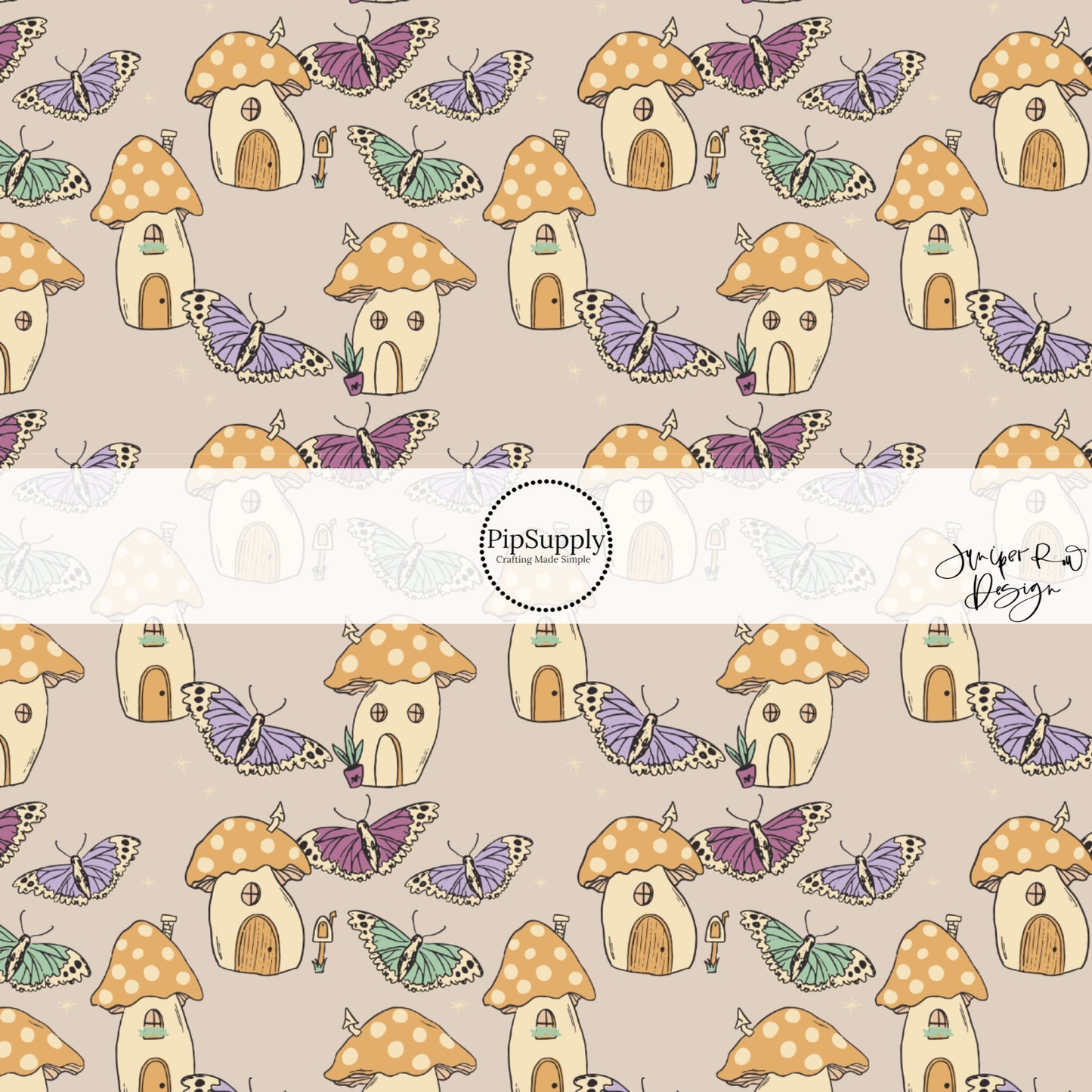 These enchanted themed light cream fabric by the yard features mushroom homes and butterflies in lavender, mint, orange, pink, and cream. This fun summer themed fabric can be used for all your sewing and crafting needs! 