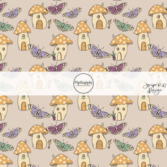 These enchanted themed light cream fabric by the yard features mushroom homes and butterflies in lavender, mint, orange, pink, and cream. This fun summer themed fabric can be used for all your sewing and crafting needs! 