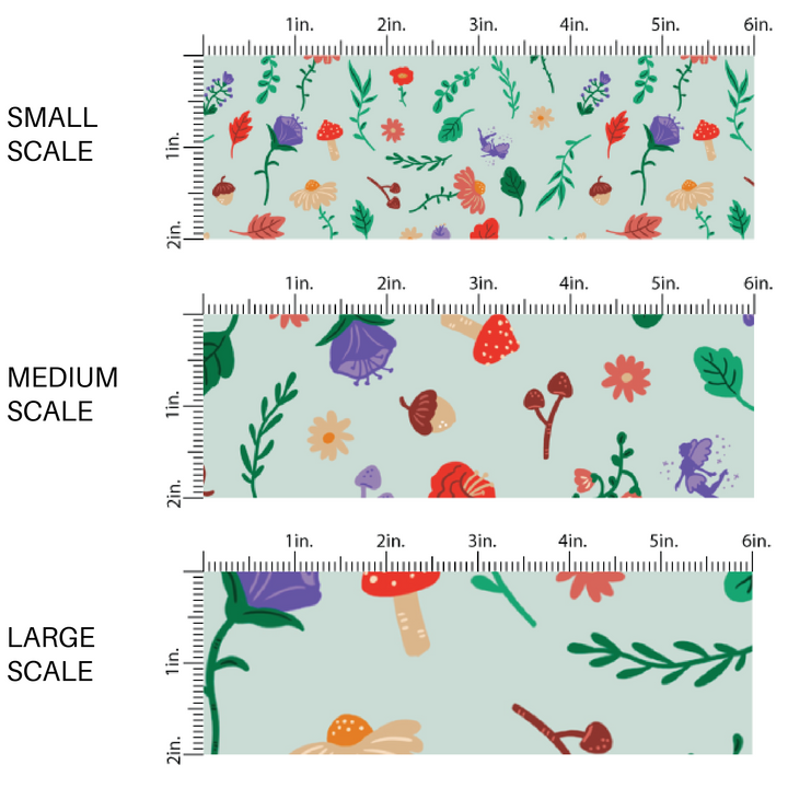 Red Mushrooms, Florals and Green Sprigs on Pale Blue Fabric by the Yard scaled image guide.