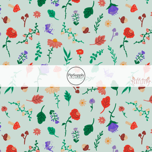 Red Mushrooms, Florals and Green Sprigs on Pale Blue Fabric by the Yard.