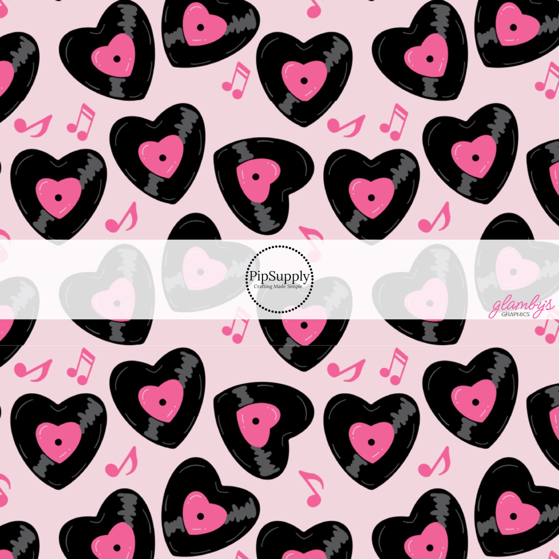 Pink music notes and heart vinyls on pink hair bow strips