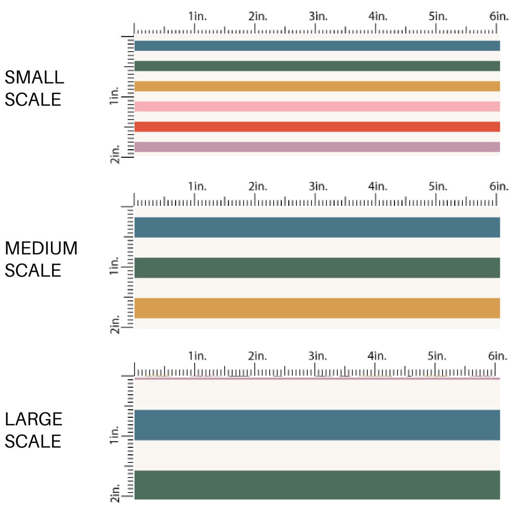 This scale chart of small scale, medium scale, and large scale of these colorful stripe fabric by the yard features muted multi colored stripes. This fun themed fabric can be used for all your sewing and crafting needs!