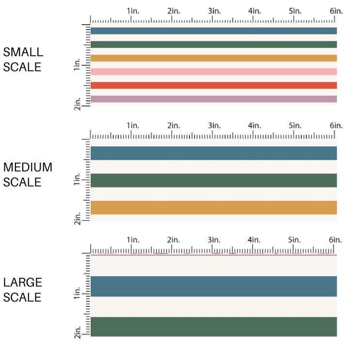 This scale chart of small scale, medium scale, and large scale of these colorful stripe fabric by the yard features muted multi colored stripes. This fun themed fabric can be used for all your sewing and crafting needs!