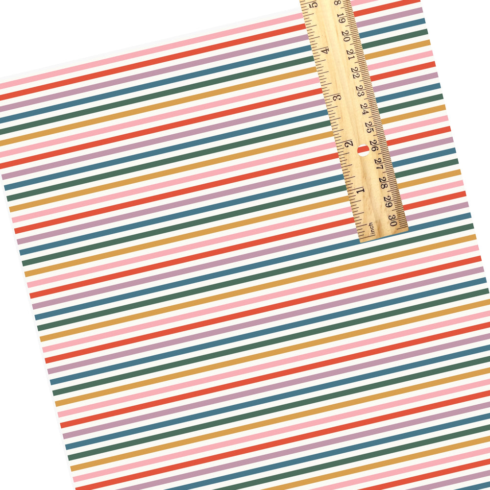 These colorful stripe faux leather sheets contain the following design elements: muted multi colored stripes. Our CPSIA compliant faux leather sheets or rolls can be used for all types of crafting projects.