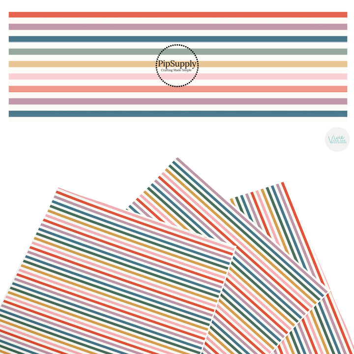 These colorful stripe faux leather sheets contain the following design elements: muted multi colored stripes. Our CPSIA compliant faux leather sheets or rolls can be used for all types of crafting projects.