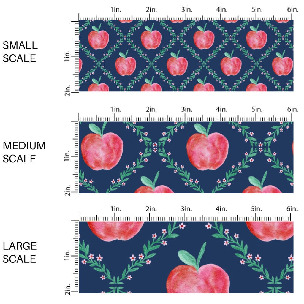 This scale chart of small scale, medium scale, and large scale of these school themed fabric by the yard features red apples and lattice on blue. This fun themed fabric can be used for all your sewing and crafting needs!